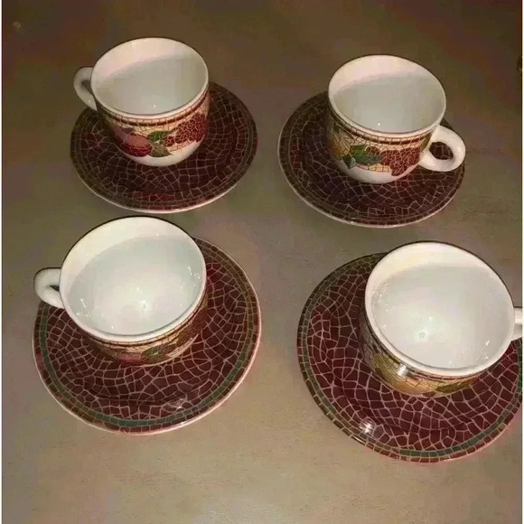 Pier 1 Other - Set of 4 Vintage "Mosaic Fruit" Cups and Saucers~Italy~Pier 1 TUSCAN Red Crackle